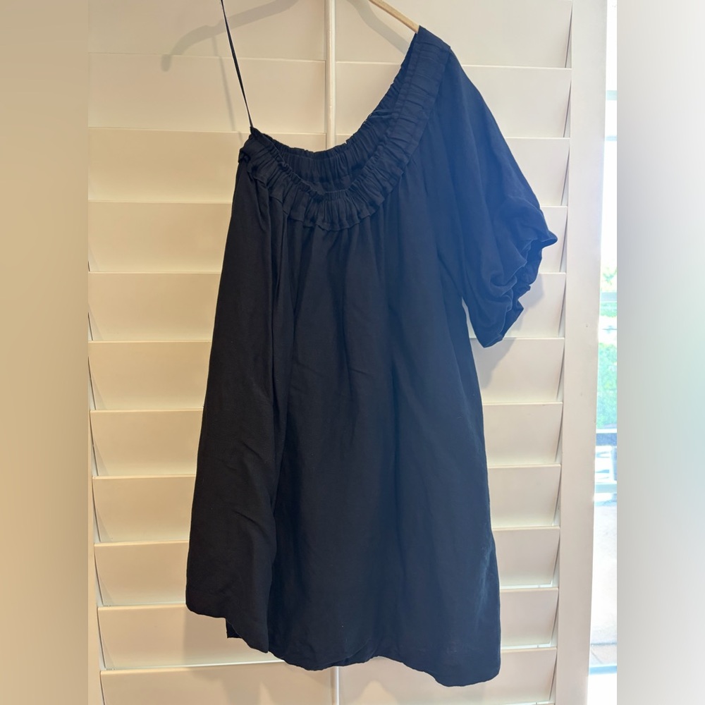 BY ANTHROPOLOGIE EUC One Shoulder Waistless Mini Dress Linen Blend M Black - Picture 11 of 11